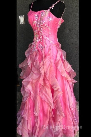 Chic Ball Gown Spaghetti Straps Pink Satin Evening Dress Long Prom Dresses With Embroidered Secondary image