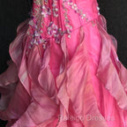 Chic Ball Gown Spaghetti Straps Pink Satin Evening Dress Long Prom Dresses With Embroidered