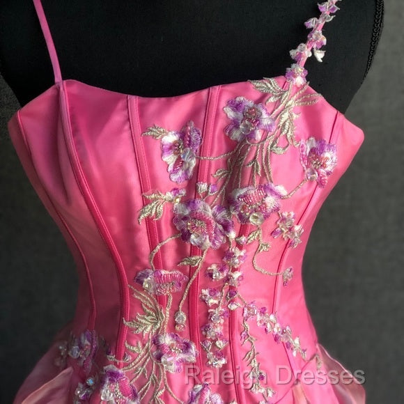 Chic Ball Gown Spaghetti Straps Pink Satin Evening Dress Long Prom Dresses With Embroidered