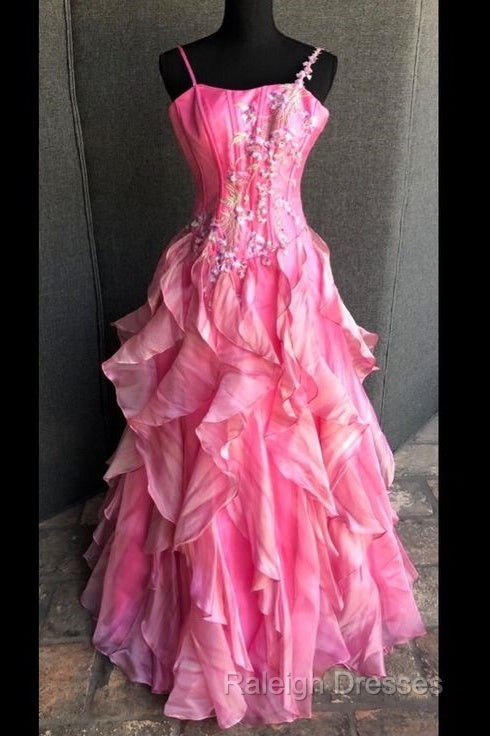 Chic Ball Gown Spaghetti Straps Pink Satin Evening Dress Long Prom Dresses With Embroidered