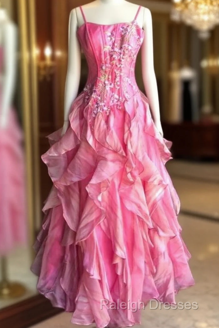 Chic Ball Gown Spaghetti Straps Pink Satin Evening Dress Long Prom Dresses With Embroidered