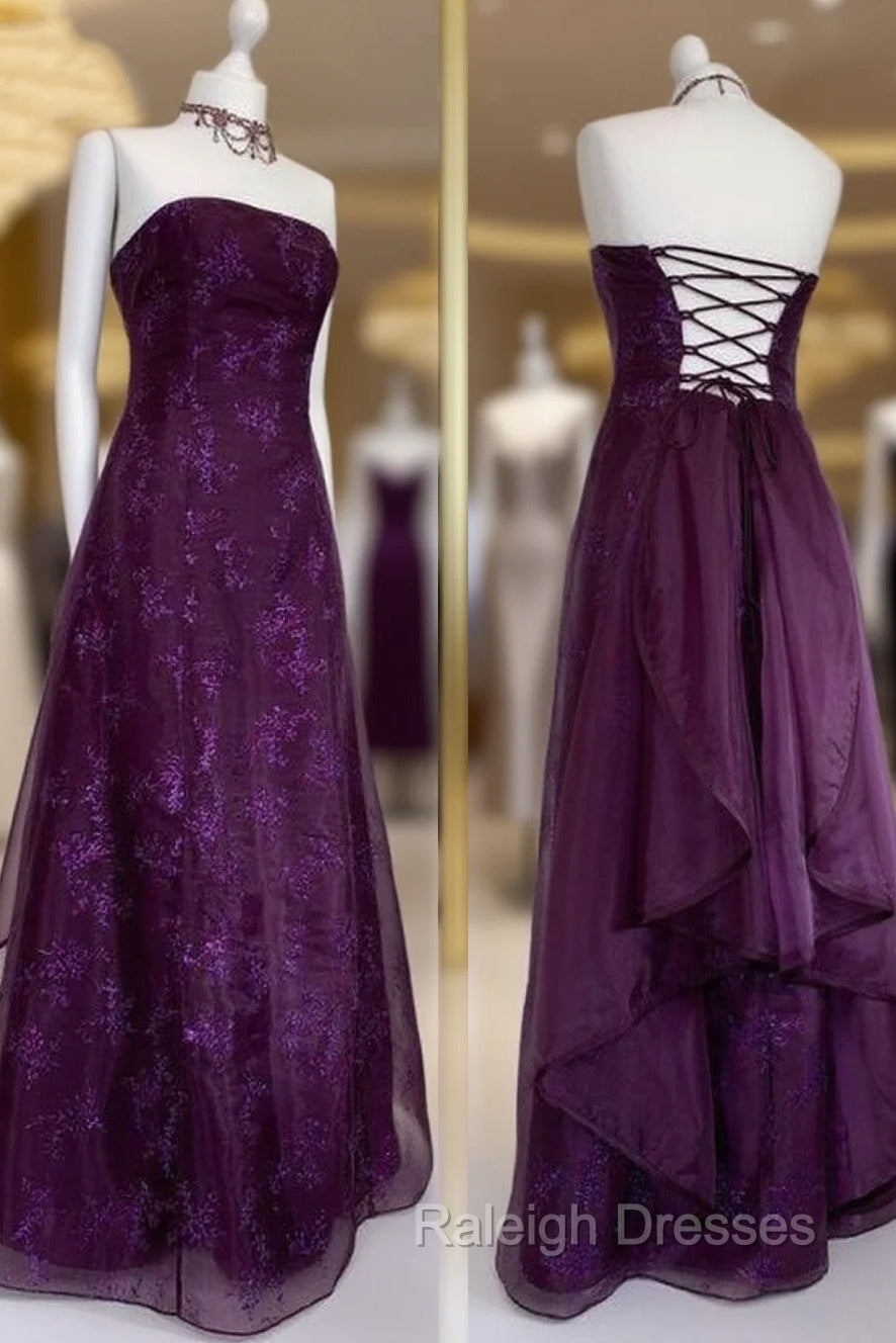 Chic Ball Gown Strapless Grape Tulle Evening Dress Long Prom Dresses Main image