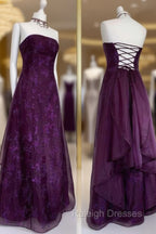 Chic Ball Gown Strapless Grape Tulle Evening Dress Long Prom Dresses