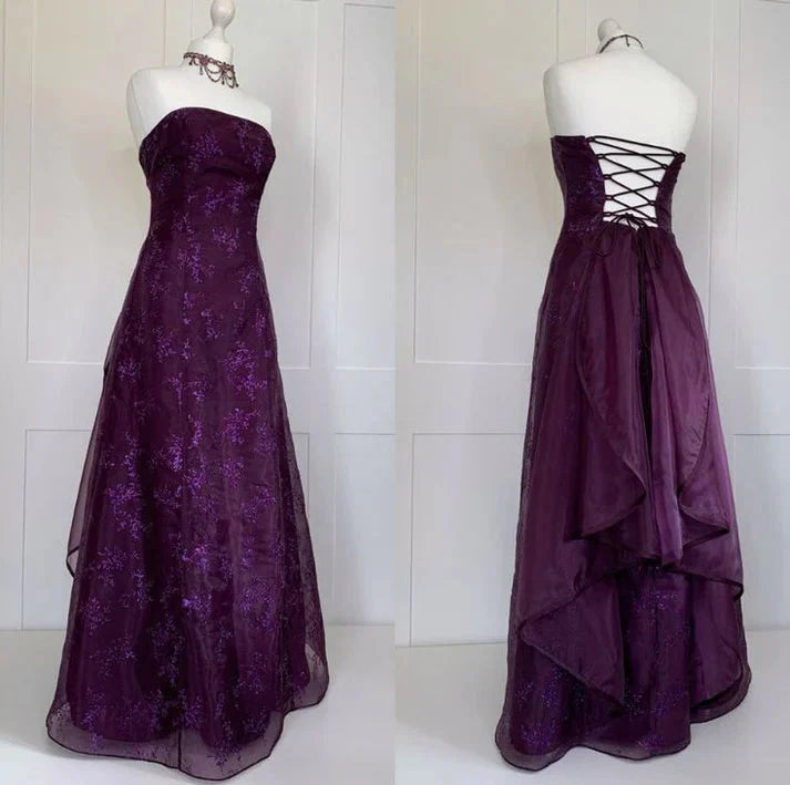 Chic Ball Gown Strapless Grape Tulle Evening Dress Long Prom Dresses Main image