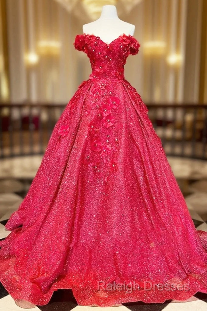 Chic Ball Gown V Neck Beads Appliques Red Off-the-Shoulder Long Quinceanera Dresses With Petticoat Main image