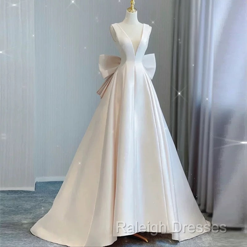 Chic Ball Gowns V neckline Sleeveless Ivory Satin Long Wedding Dresses With Bow Secondary image