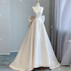 Chic Ball Gowns V neckline Sleeveless Ivory Satin Long Wedding Dresses With Bow