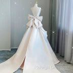 Chic Ball Gown V neckline Sleeveless Ivory Satin Long Wedding Dresses With Bow