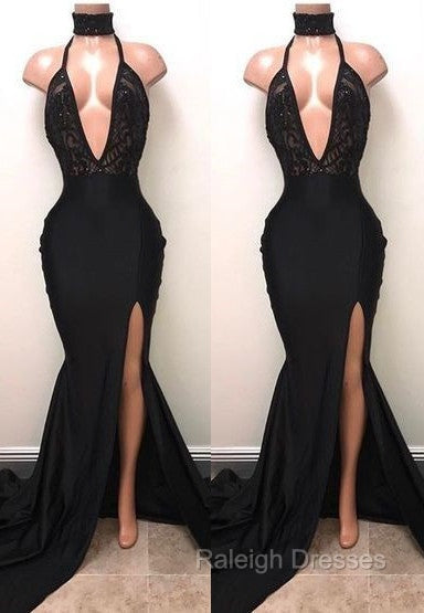 Chic Black High Neck Lace Front Split Mermaid Prom Party Gowns Secondary image
