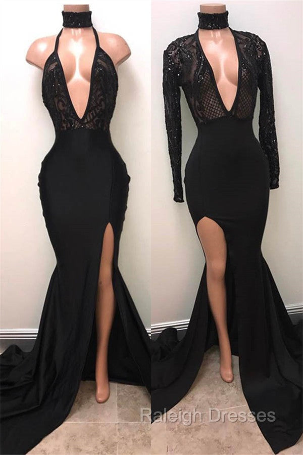 Chic Black High Neck Lace Front Split Mermaid Prom Prom Gown