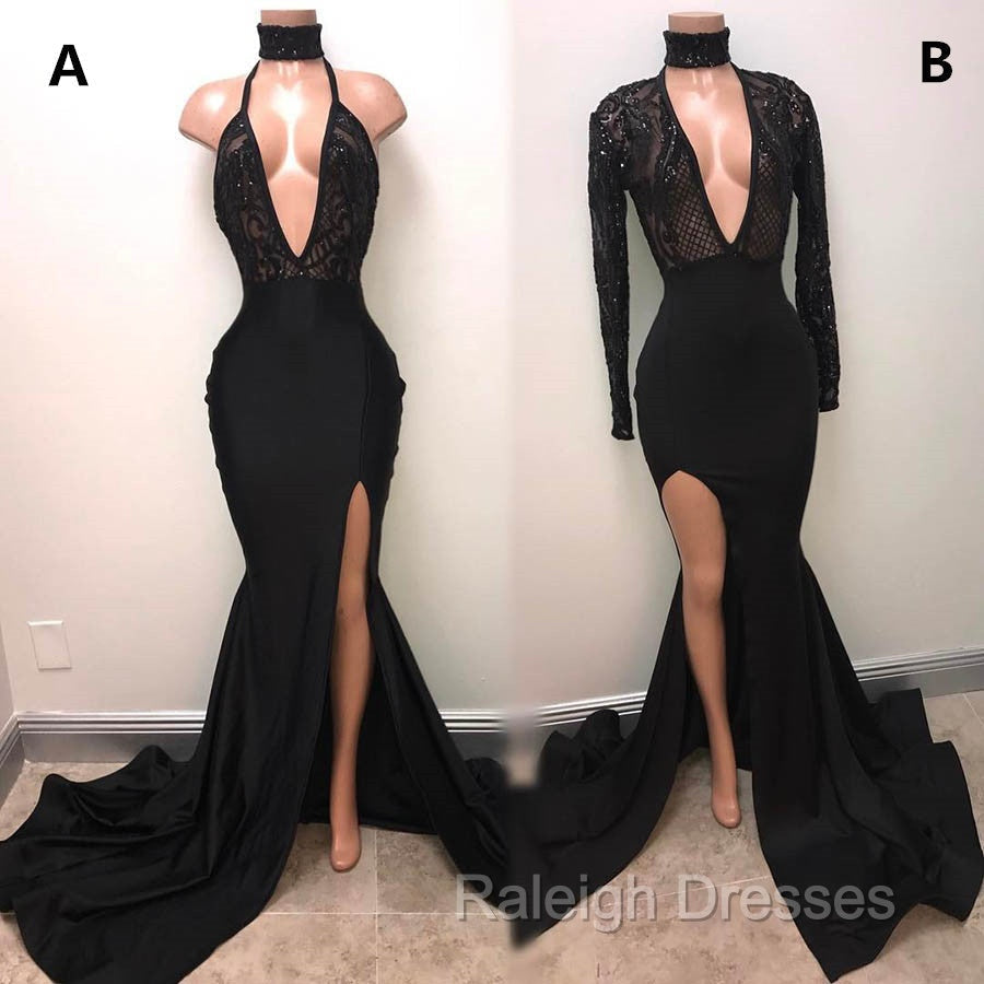 Chic Black High Neck Lace Front Split Mermaid Prom Prom Gown