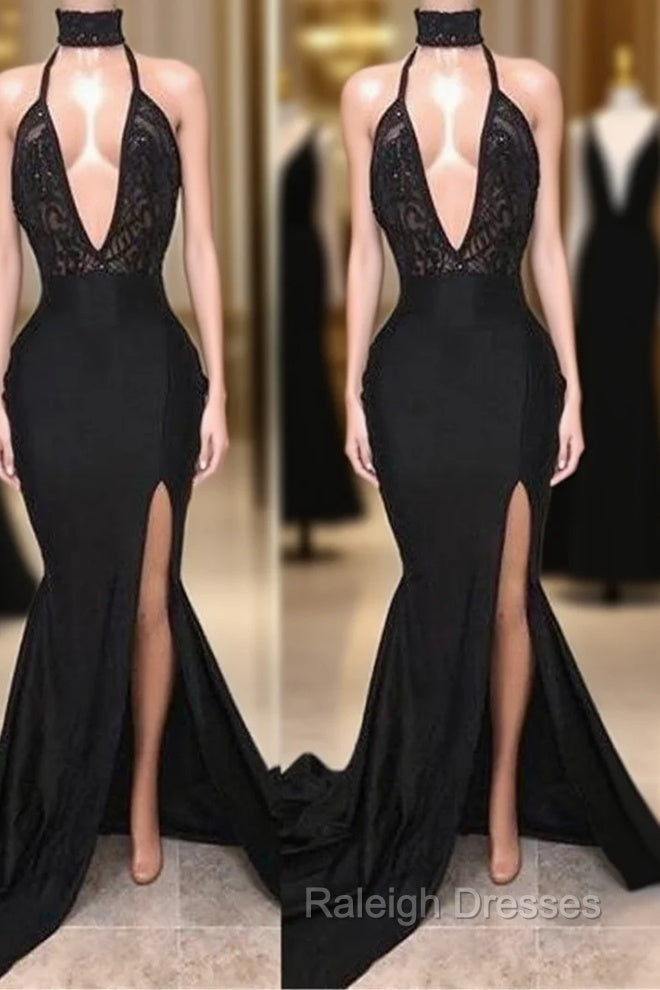 Chic Black High Neck Lace Front Split Mermaid Prom Party Gowns