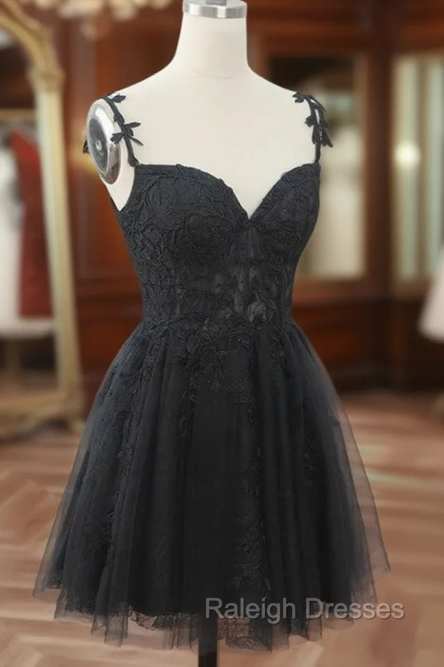 Chic Black Lace Straps Tulle Short Party Drss, Black Sweetheart Homecoming Dress Main image