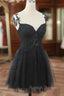 Chic Black Lace Straps Tulle Short Party Drss, Black Sweetheart Homecoming Dress