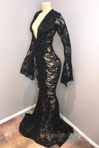 Chic Black Lace V-neck Long Sleevess Mermaid Prom Dresses Sheer Floor Length Evening Gowns