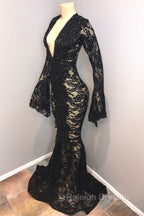 Chic Black Lace V Neck Long Sleevess Mermaid Prom Dresses Sheer Floor Length Prom Gown