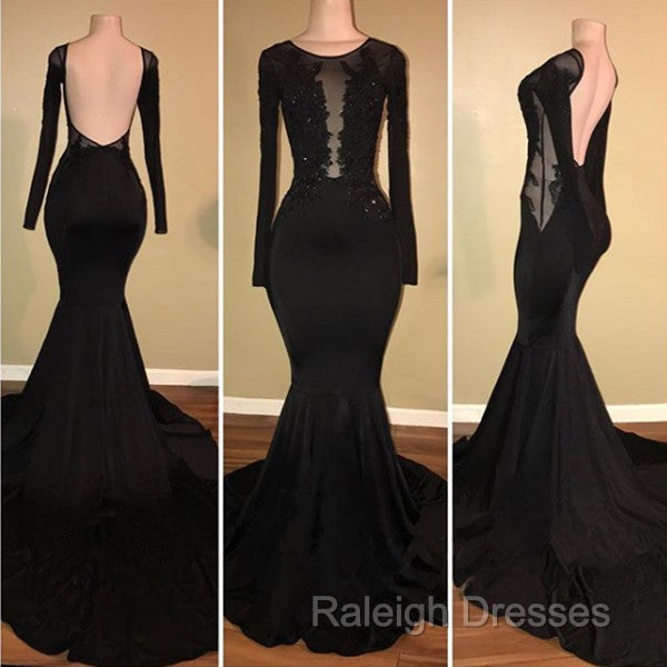 Chic Black Mermaid Prom GownsLong Sleeves With Lace Appliques