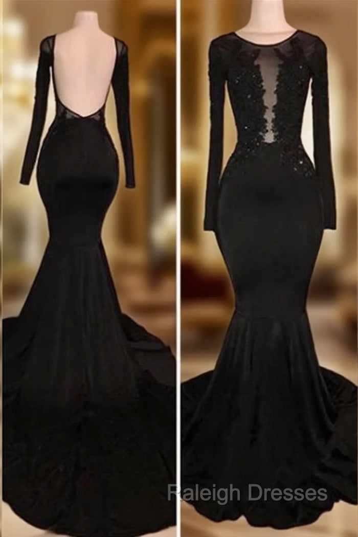 Chic Black Mermaid Prom Party GownsLong Sleeves With Lace Appliques Main image