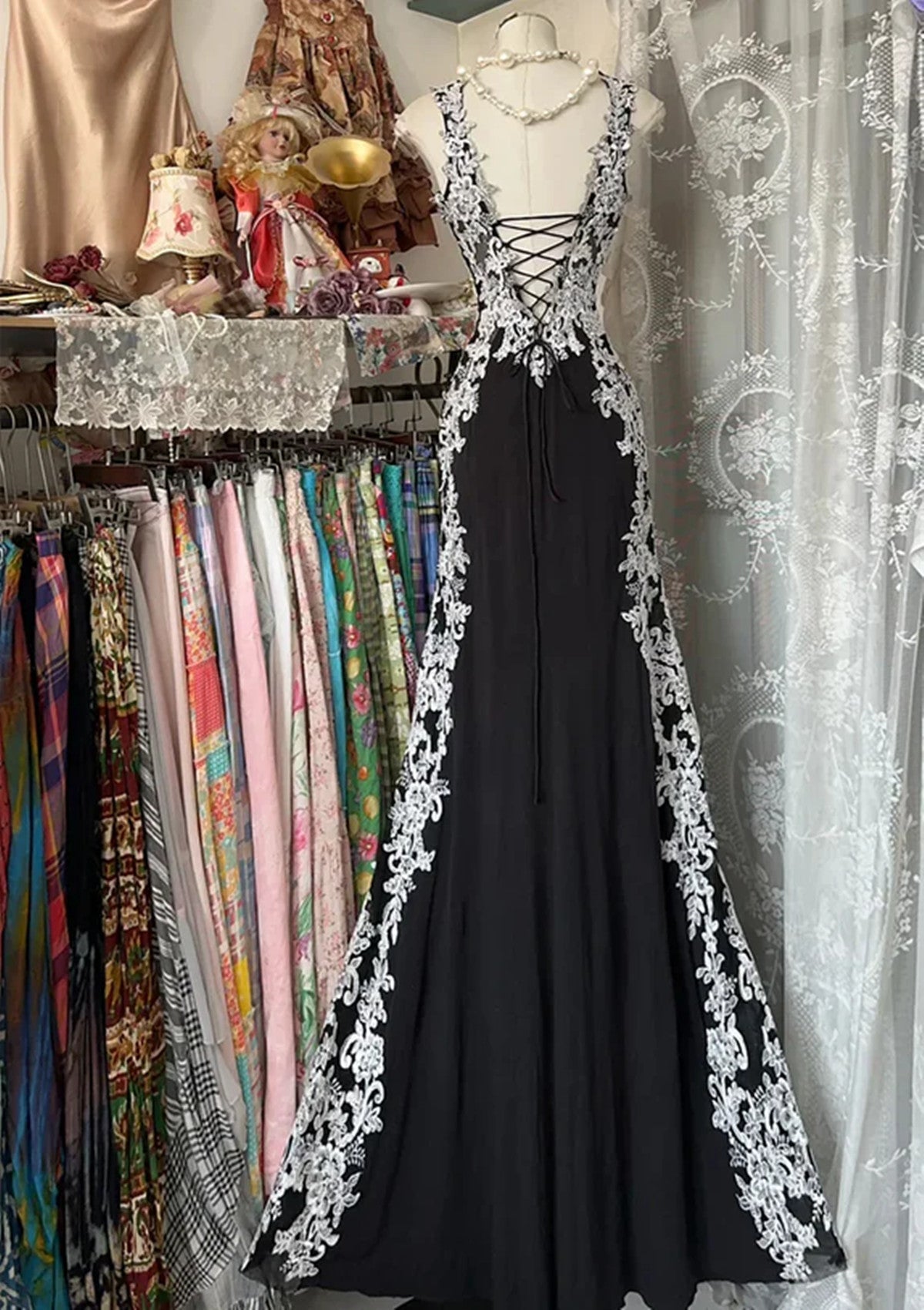 Chic Black Mermaid Spandex Straps With Lace Prom Dresses Black Long Prom Dresses