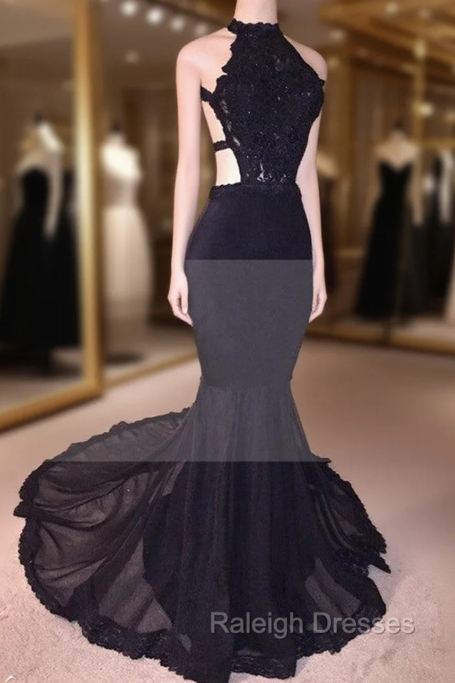 Chic Black Open Back Lace Prom Dresses Sleeveless See Through Tulle Evening Gown