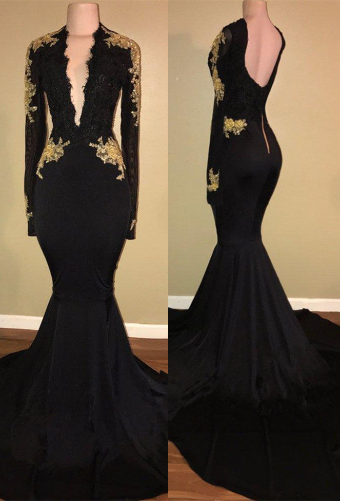 Chic Black prom dress Mermaid Long Sleeves Evening Dress
