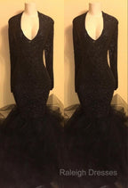 Chic black sequins prom dress, ruffles evening dress