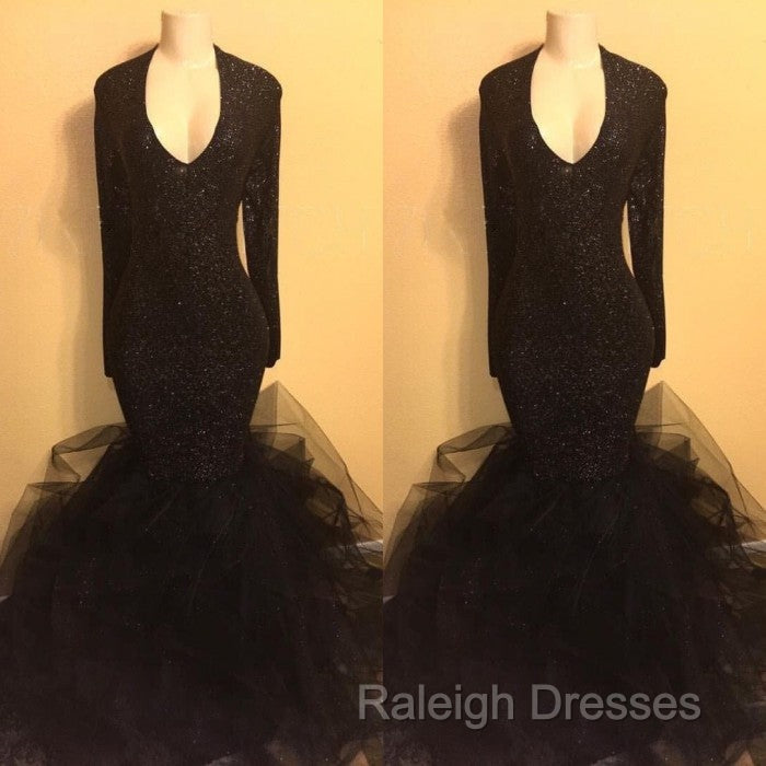 Chic black sequins prom dress, ruffles evening dress