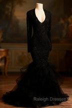 Chic black sequins prom dress, ruffles evening dress
