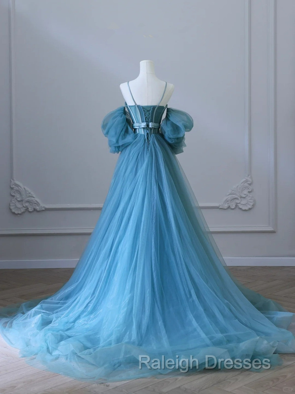 Chic Blue Sweetheart Straps Off Shoulder Tulle Formal Dress, Blue Prom Dress Secondary image
