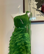Chic Dark Green One-Shoulder Layered Ruffle Chiffon Long Formal Prom Dress