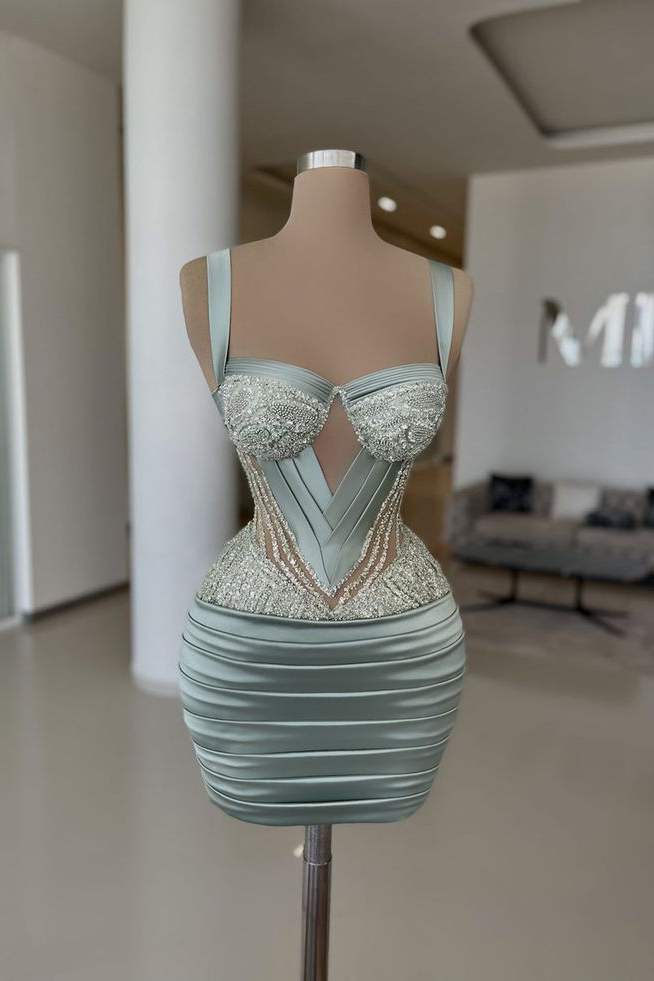 Chic Dusty Sage Spaghetti-Straps Sweetheart Satin Homecoming Dresses Sleeveless Mini Prom Dresses With Beads Main image
