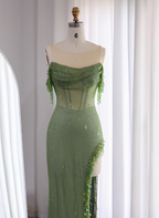 Chic Green Mermaid Tassel Slit Tulle Long Formal Prom Dress