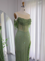 Chic Green Mermaid Tassel Slit Tulle Long Formal Prom Dress