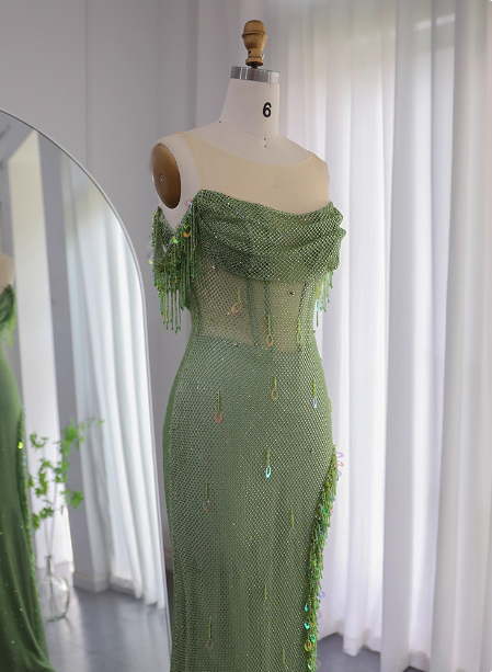 Chic Green Mermaid Tassel Slit Tulle Long Formal Prom Dress