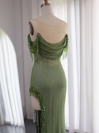 Chic Green Mermaid Tassel Slit Tulle Long Formal Prom Dress