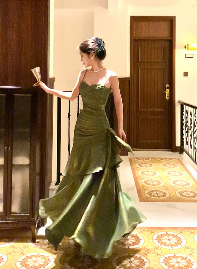 Chic Green Straps Sweetheart Long Formal Dress, Green Prom Dress Evening Dress Main image