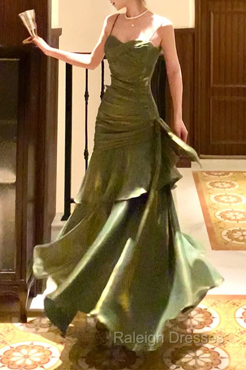 Chic Green Straps Sweetheart Long Formal Dress, Green Prom Dress Evening Dress