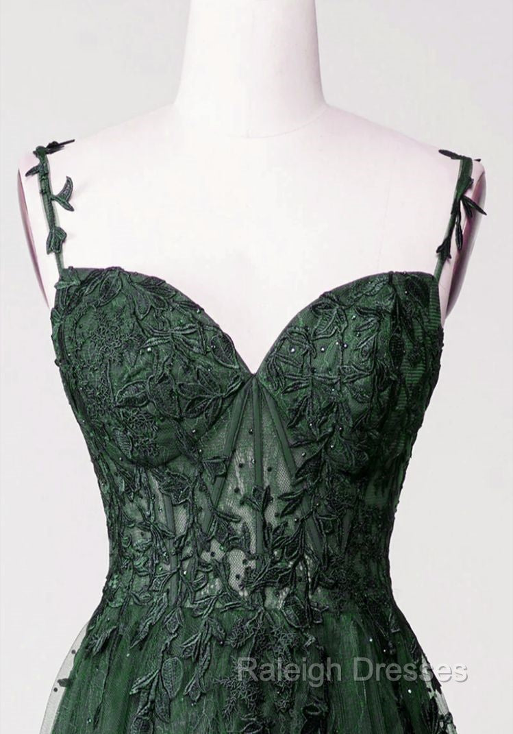 Chic Green Straps Tulle with Lace Party Dress, A-line Sweetheart Floor Length Prom Dress