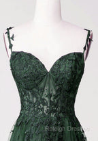 Chic Green Straps Tulle with Lace Prom Dress, A Line Sweetheart Floor Length Prom Dress
