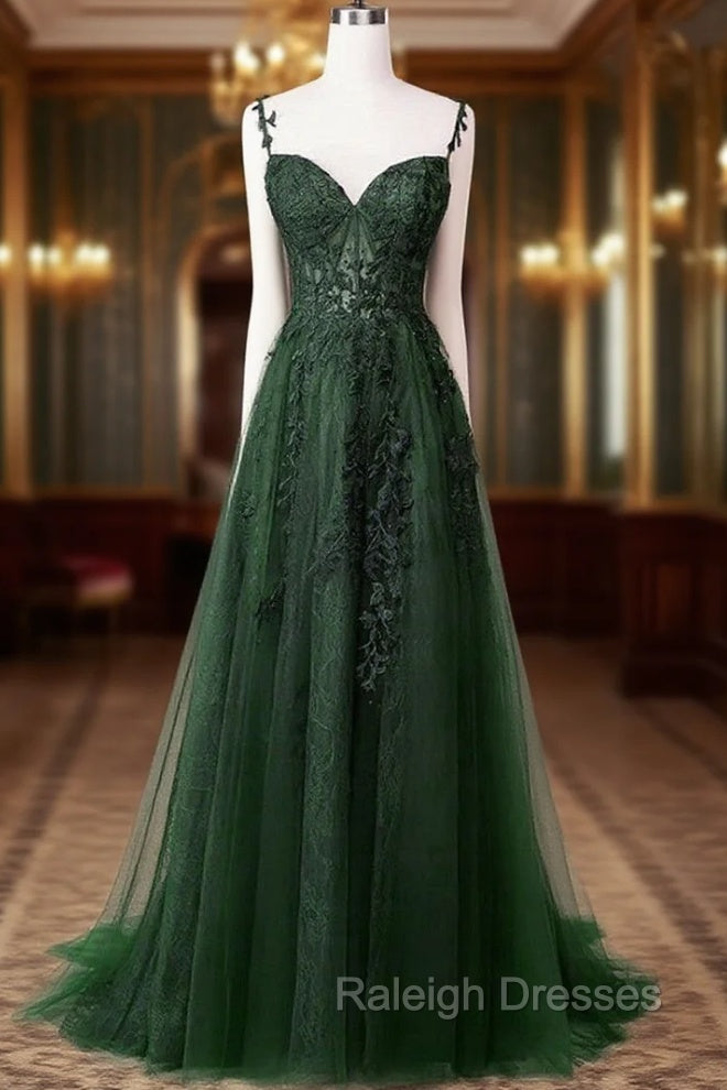 Chic Green Straps Tulle with Lace Party Dress, A-line Sweetheart Floor Length Prom Dress Main image