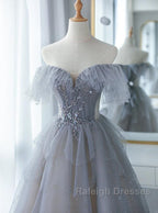 Chic Grey Beaded Layers Tulle Long Prom Dresses Grey Off Shoulder Prom Dresses