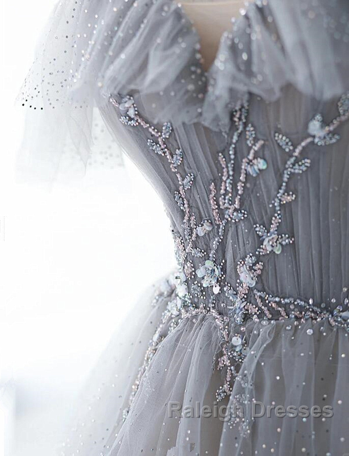 Chic Grey Beaded Layers Tulle Long Prom Dresses Grey Off Shoulder Prom Dresses
