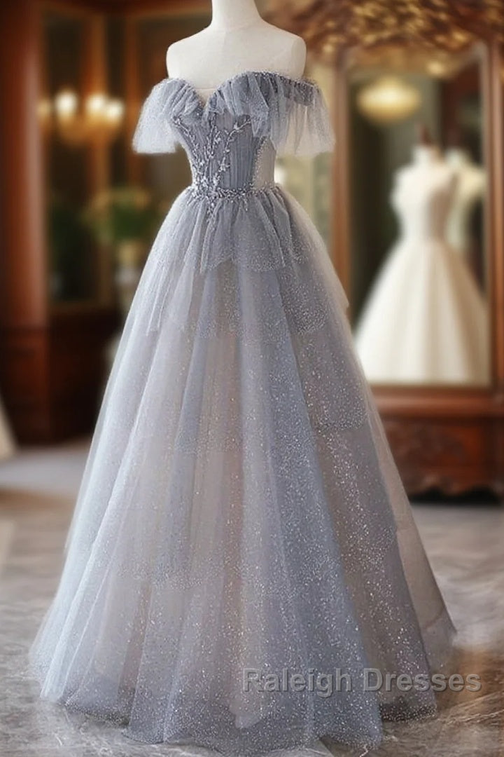 Chic Grey Beaded Layers Tulle Long Prom Dresses Grey Off Shoulder Prom Dresses
