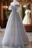 Chic Grey Beaded Layers Tulle Long Prom Dresses Grey Off Shoulder Prom Dresses