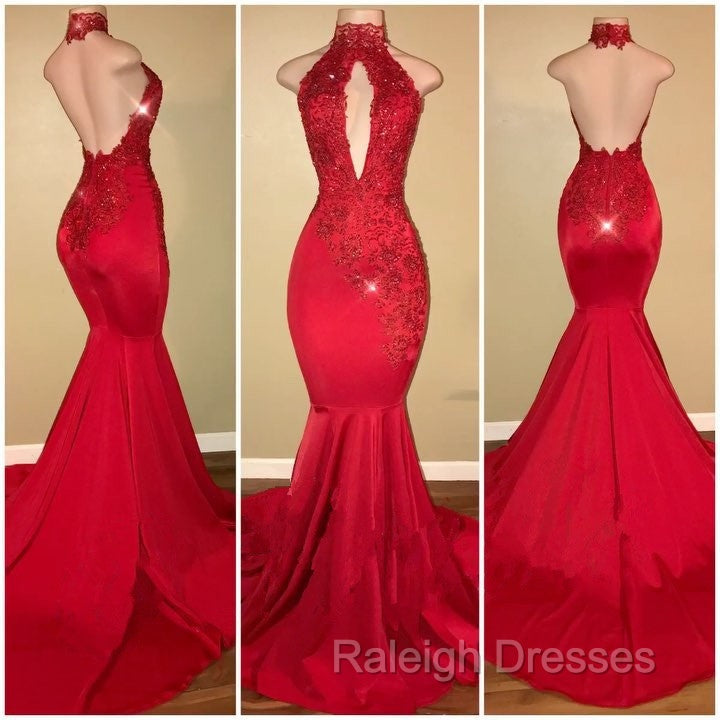 Chic Halter Mermaid Prom Party GownsLong With Lace Appliques