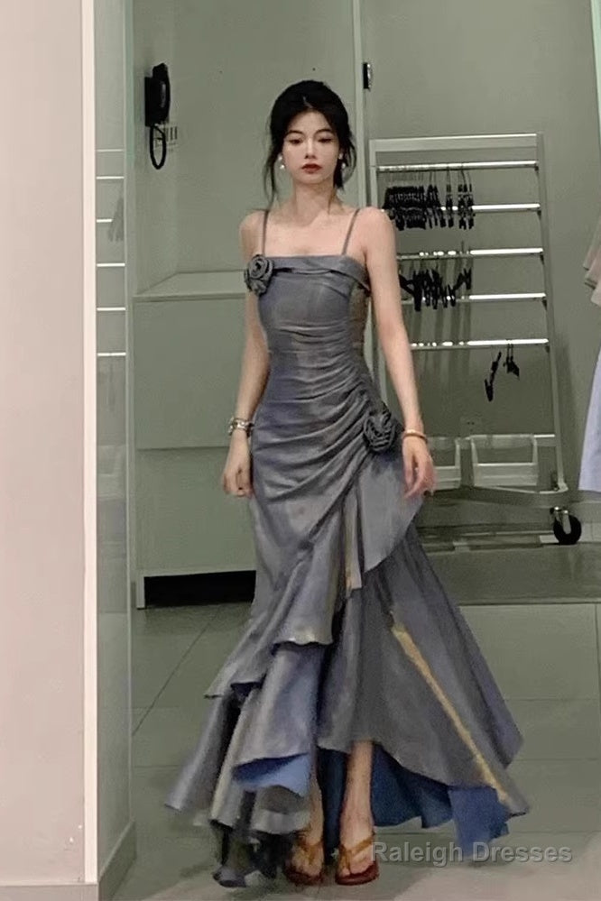 Chic High Low Spaghetti Straps Gray Blue Long Party Dresses Birthday Outfits Secondary image