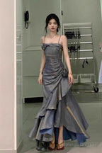 Chic High Low Spaghetti Straps Gray Blue Long Party Dresses Birthday Outfits
