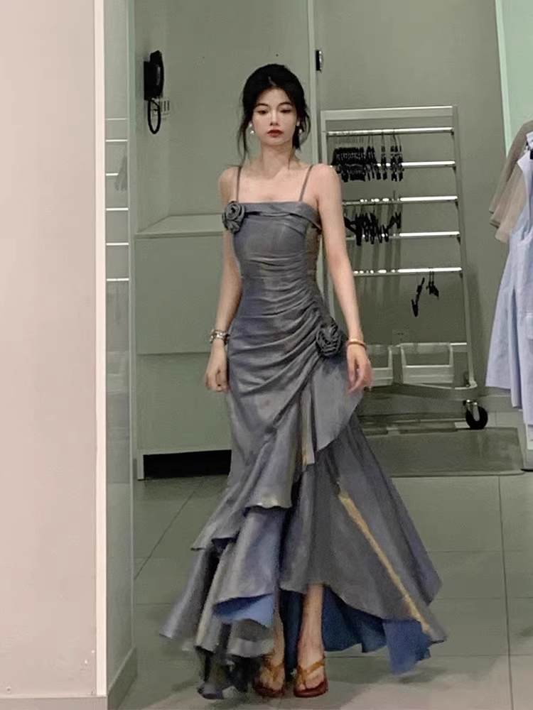 Chic High Low Spaghetti Straps Gray Blue Long Prom Dress Birthday Outfits