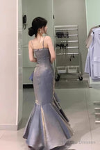 Chic High Low Spaghetti Straps Gray Blue Long Party Dresses Birthday Outfits