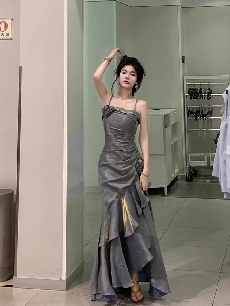 Chic High Low Spaghetti Straps Gray Blue Long Prom Dress Birthday Outfits